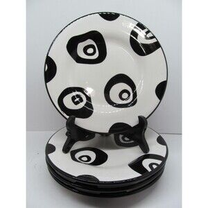 Tabletops Unlimited Panda Eyes Hand Painted Black & white Salad Plates Bundle 4